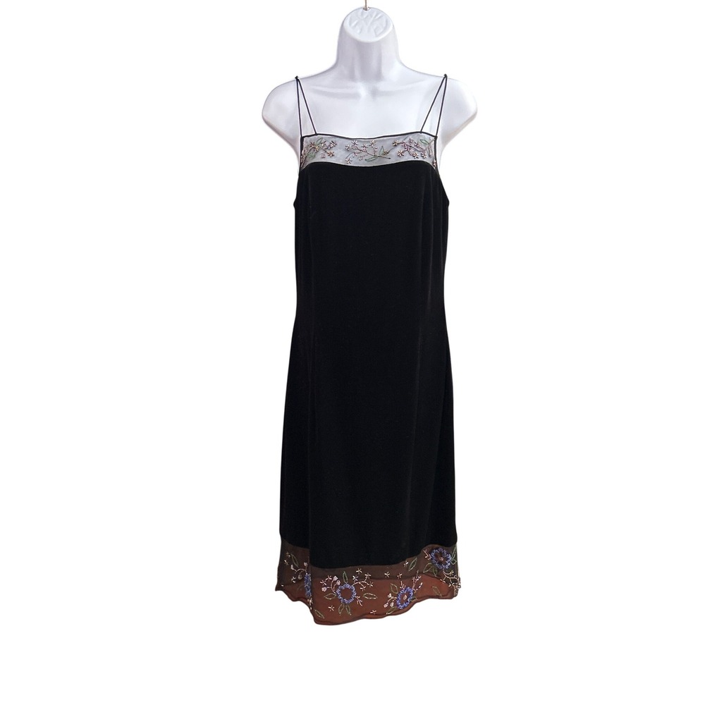 Rimini Black Beaded Slip Dress Embroidered Hem Y2K Evening Party Size 10 Retro